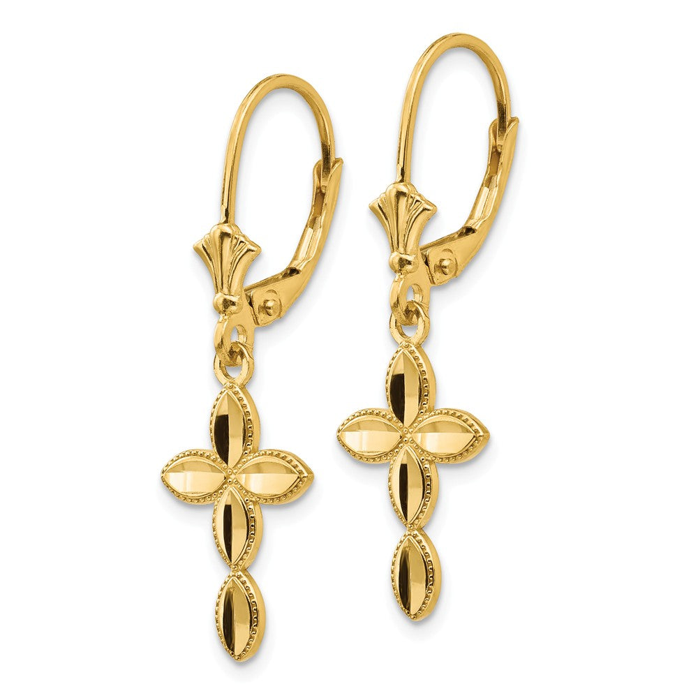 14K Gold Diamond Cut Cross Leverback Earrings Elegant Solid Design