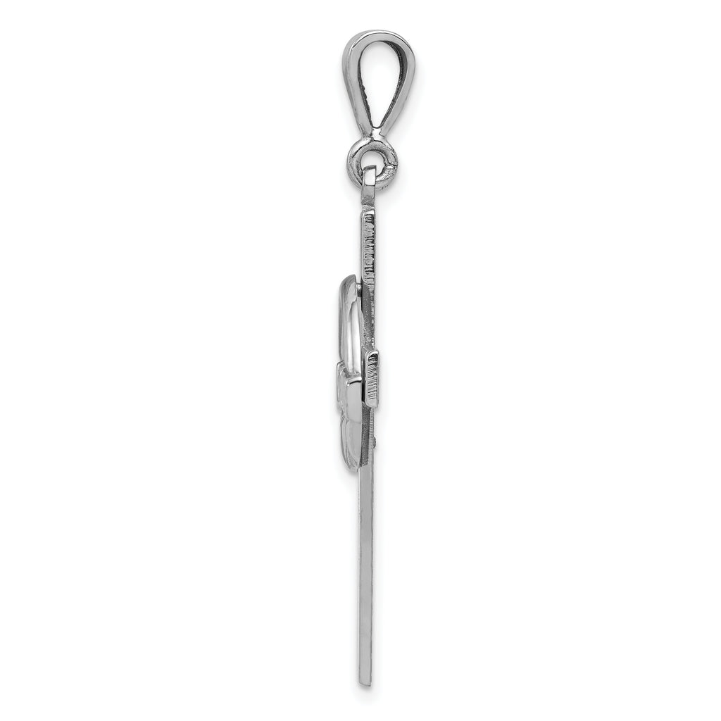 14K White Gold Claddagh Cross Pendant with Polished Rhodium Finish