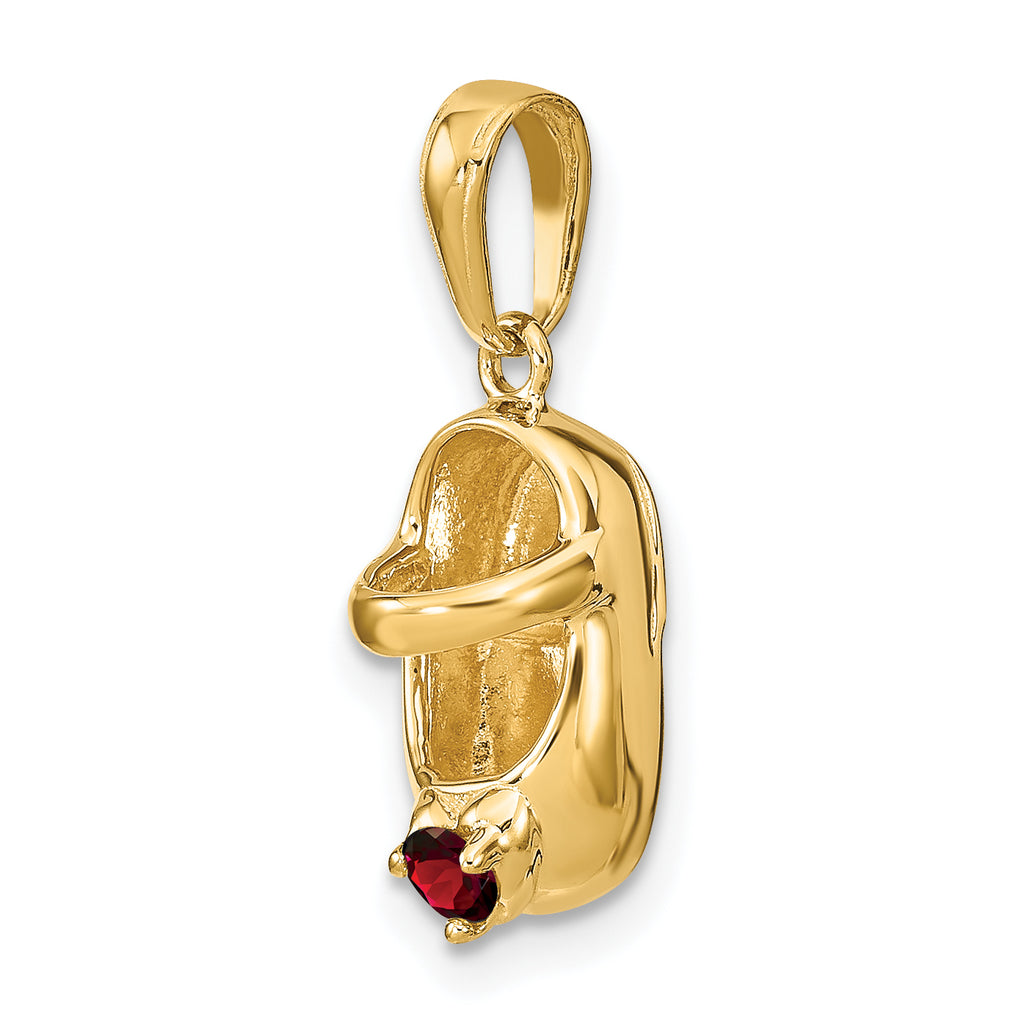 14K Gold Engravable Baby Shoe Charm with Red Synthetic Birthstone  January