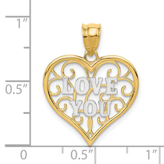 14K Gold and White Rhodium Filigree Love Pendant  Polished, Vintage Inspired