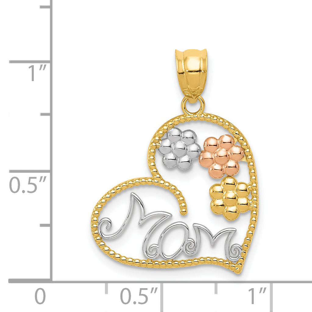 14K Tricolor Gold MOM & Flowers Pendant with Polished Finish