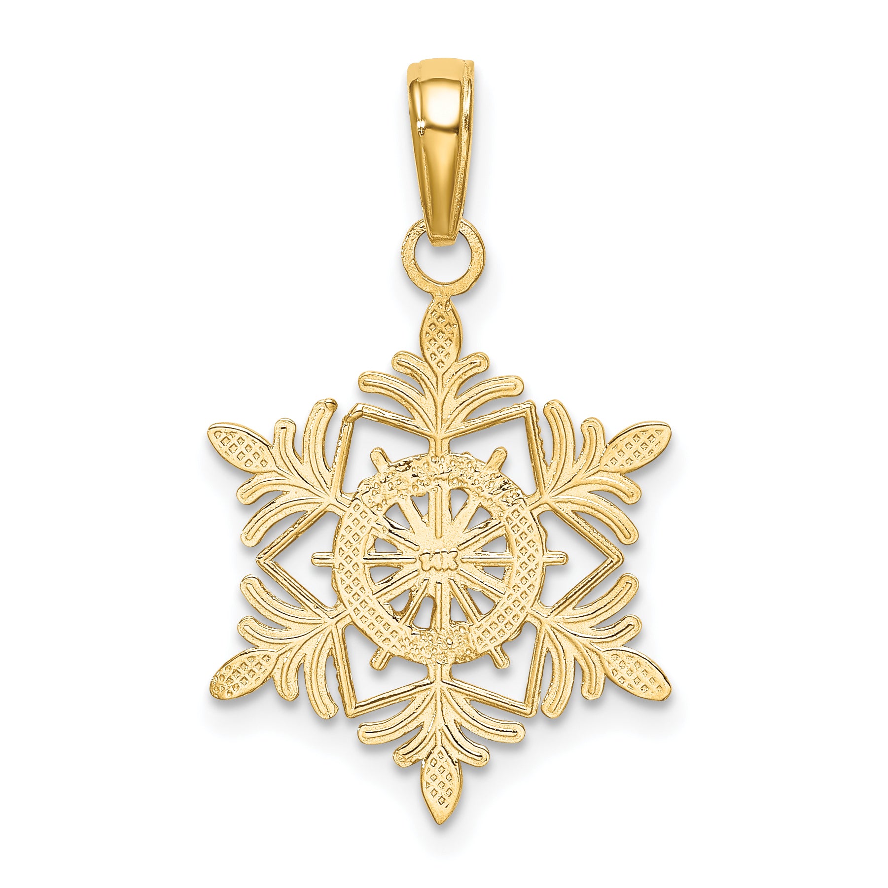 14K Gold Snowflake Pendant with Textured Back, Solid Cast Design