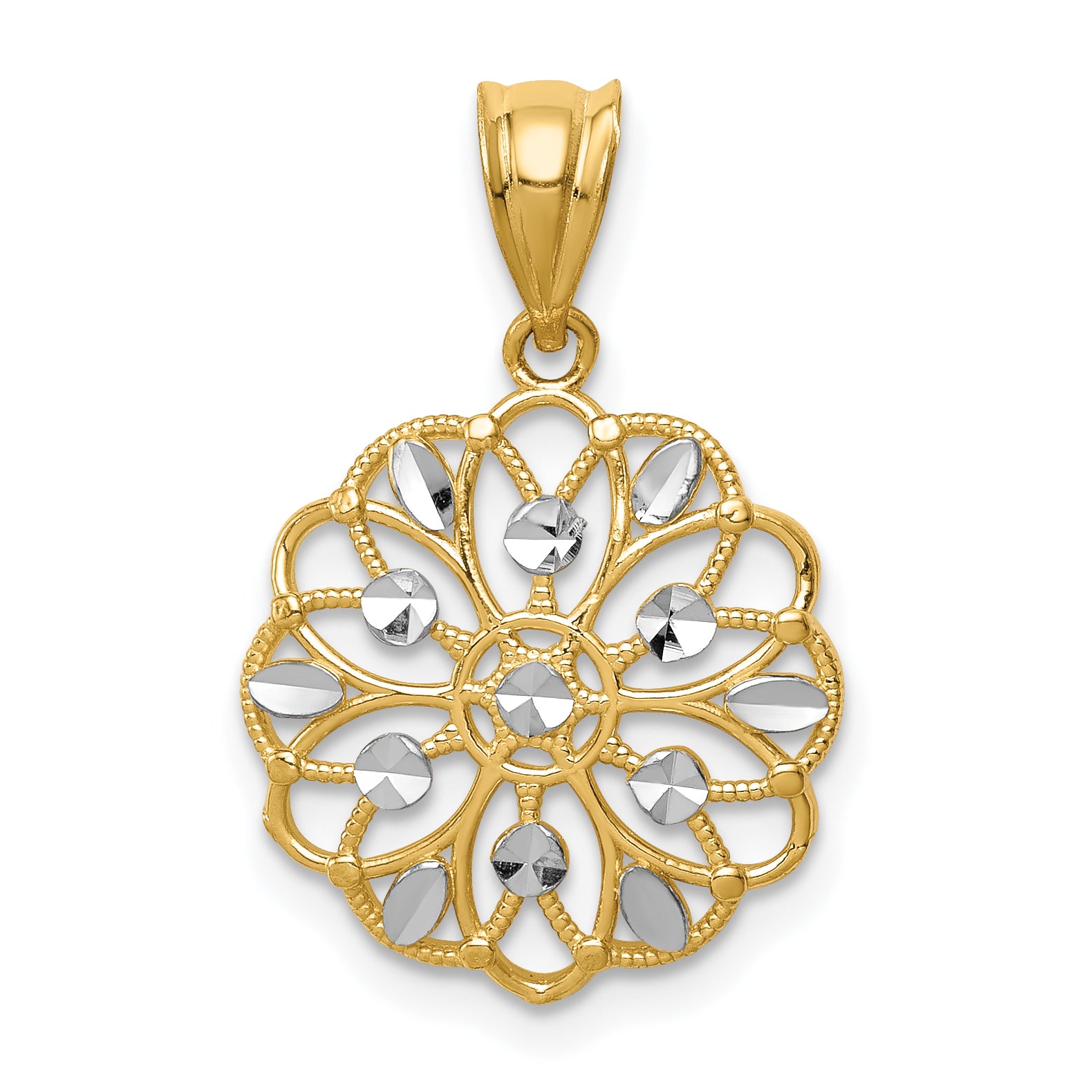 14K w/Rhodium Diamond-Cut Round Pendant Main image