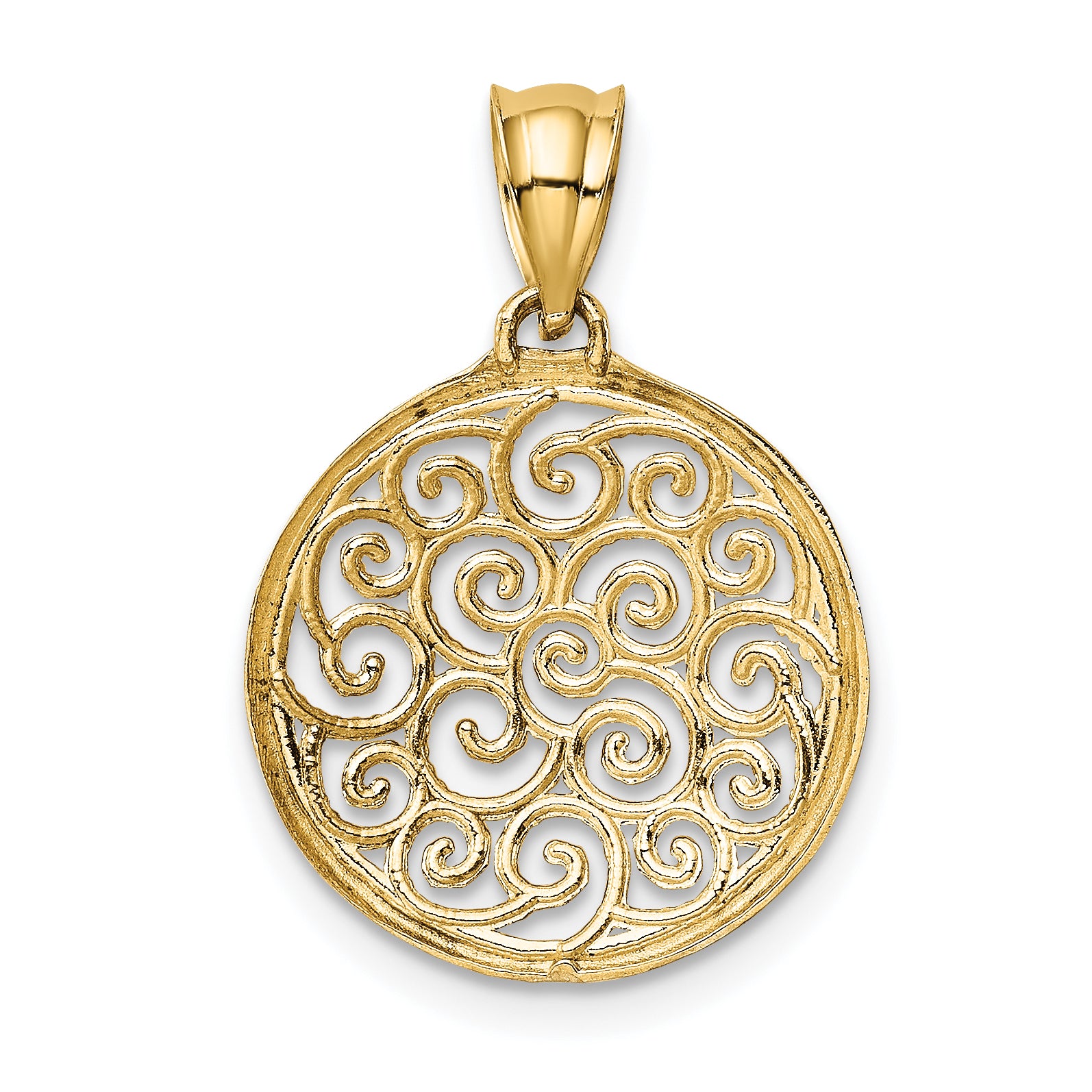 14K Gold Filigree Circle Pendant with Rhodium Accents  Elegant and Polished Design