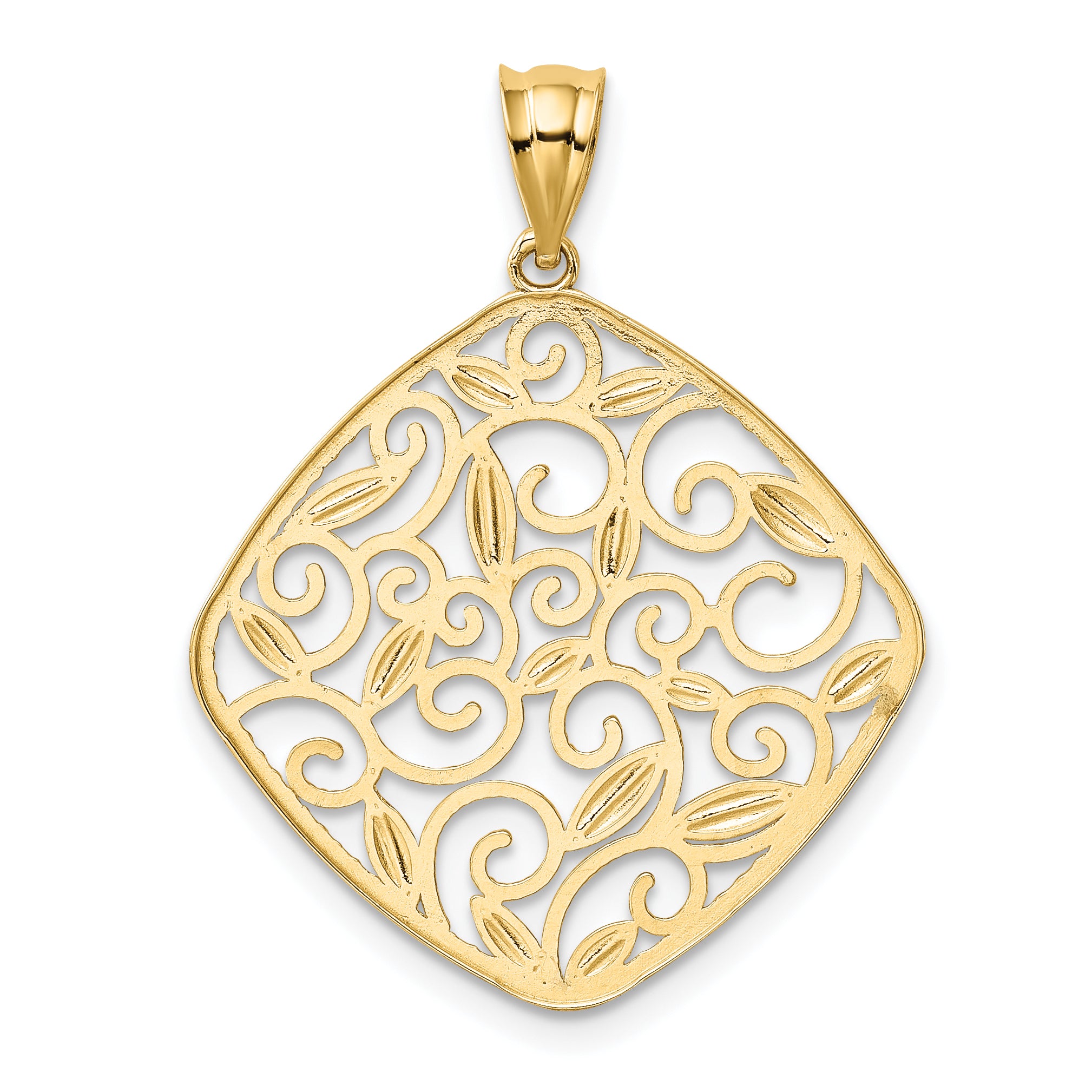 14K Gold Rhodium Diamond-Cut Filigree Swirl Pendant  Elegant & Polished Design