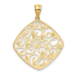 14K Gold Rhodium Diamond-Cut Filigree Swirl Pendant  Elegant & Polished Design
