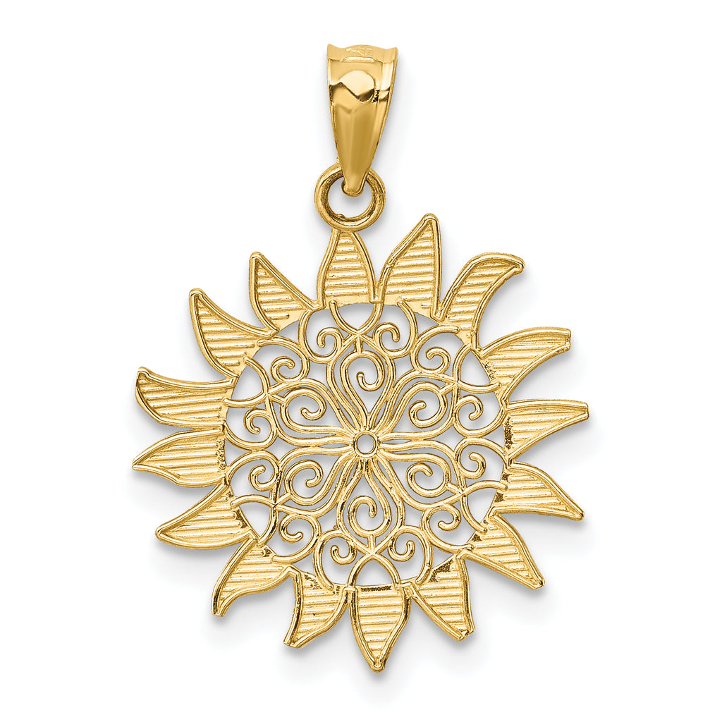 14K Gold Polished Filigree Sun Pendant with Textured Design by Sophia Jewelers