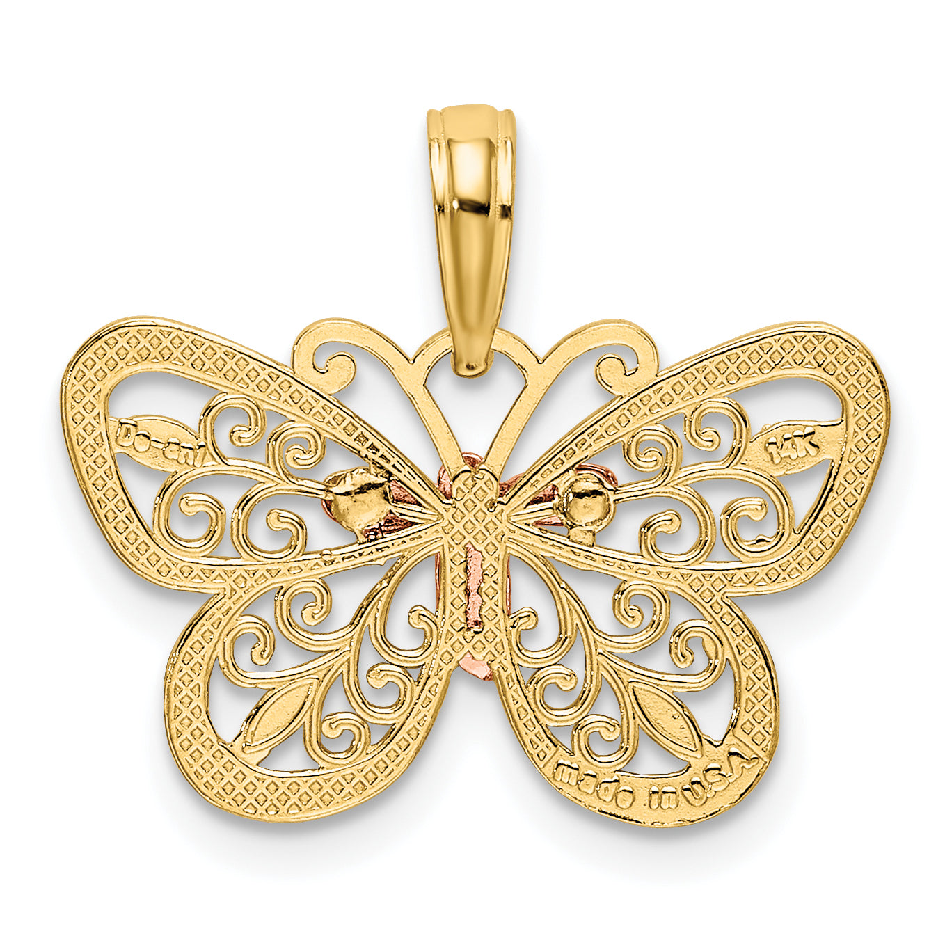 14K Two-Tone Gold Butterfly Pendant with White Rhodium Diamond-Cut Design