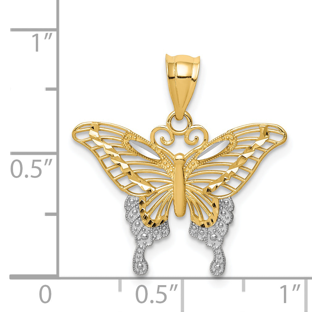 14K Gold and Rhodium Diamond-Cut Butterfly Pendant with Polished Finish
