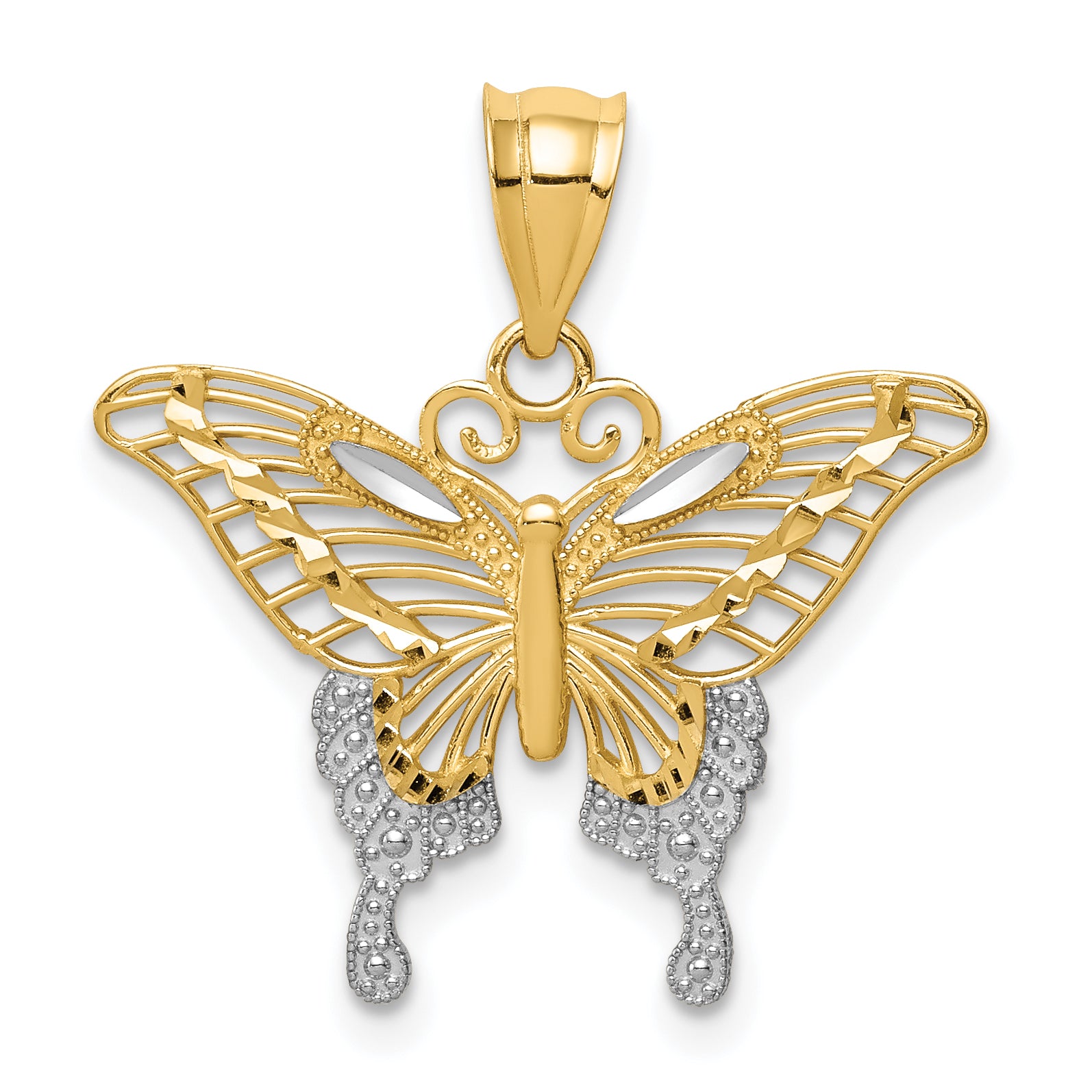 14k and Rhodium Diamond-cut Butterfly Pendant