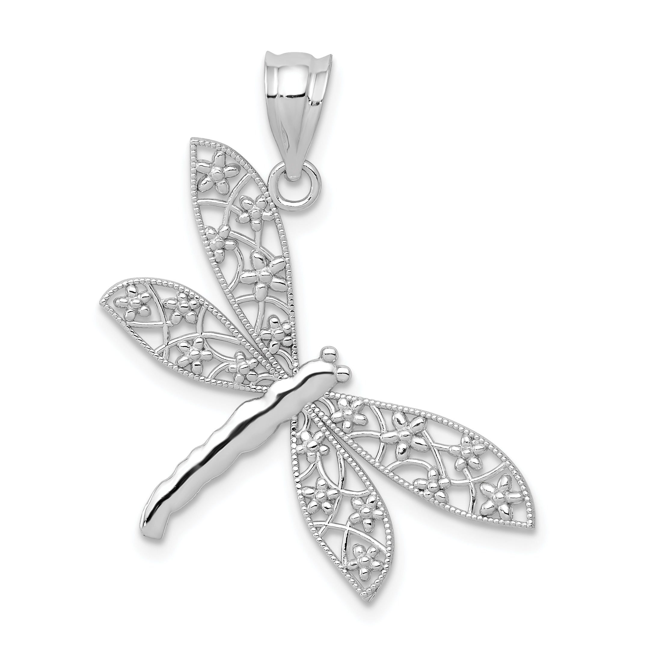 14k White Gold Diamond-cut Dragonfly Pendant