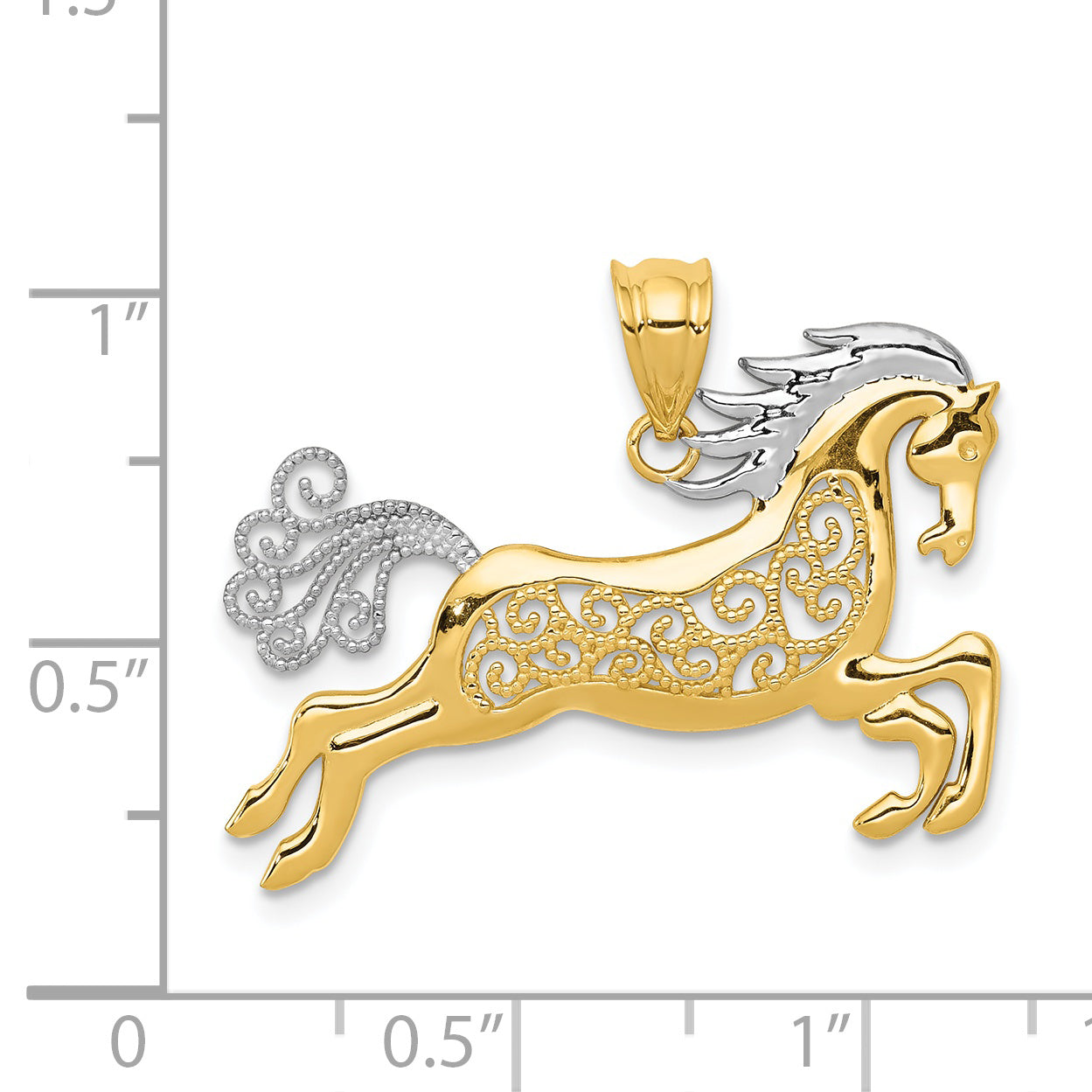 14K Gold and Rhodium Filigree Horse Pendant for Men  Polished, Elegant Design