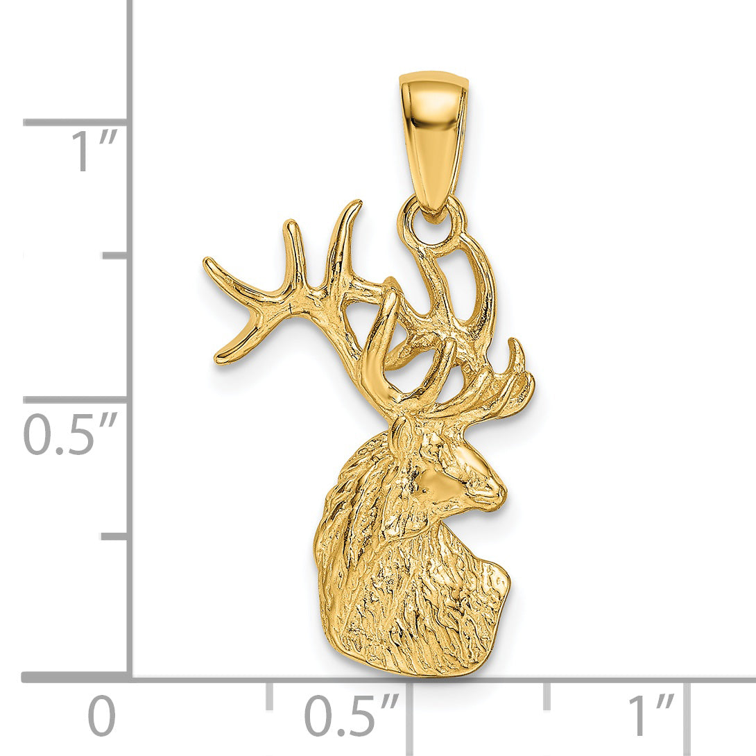 14K Gold Polished Deer Head Charm for Men  Solid Cast Design