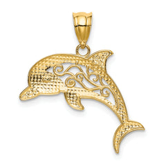 14K Gold Polished Filigree Dolphin Pendant Elegant Ocean-Themed Design