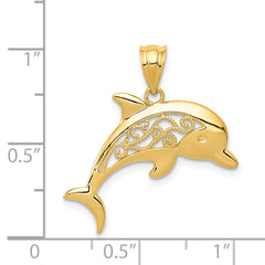 14K Gold Polished Filigree Dolphin Pendant Elegant Ocean-Themed Design