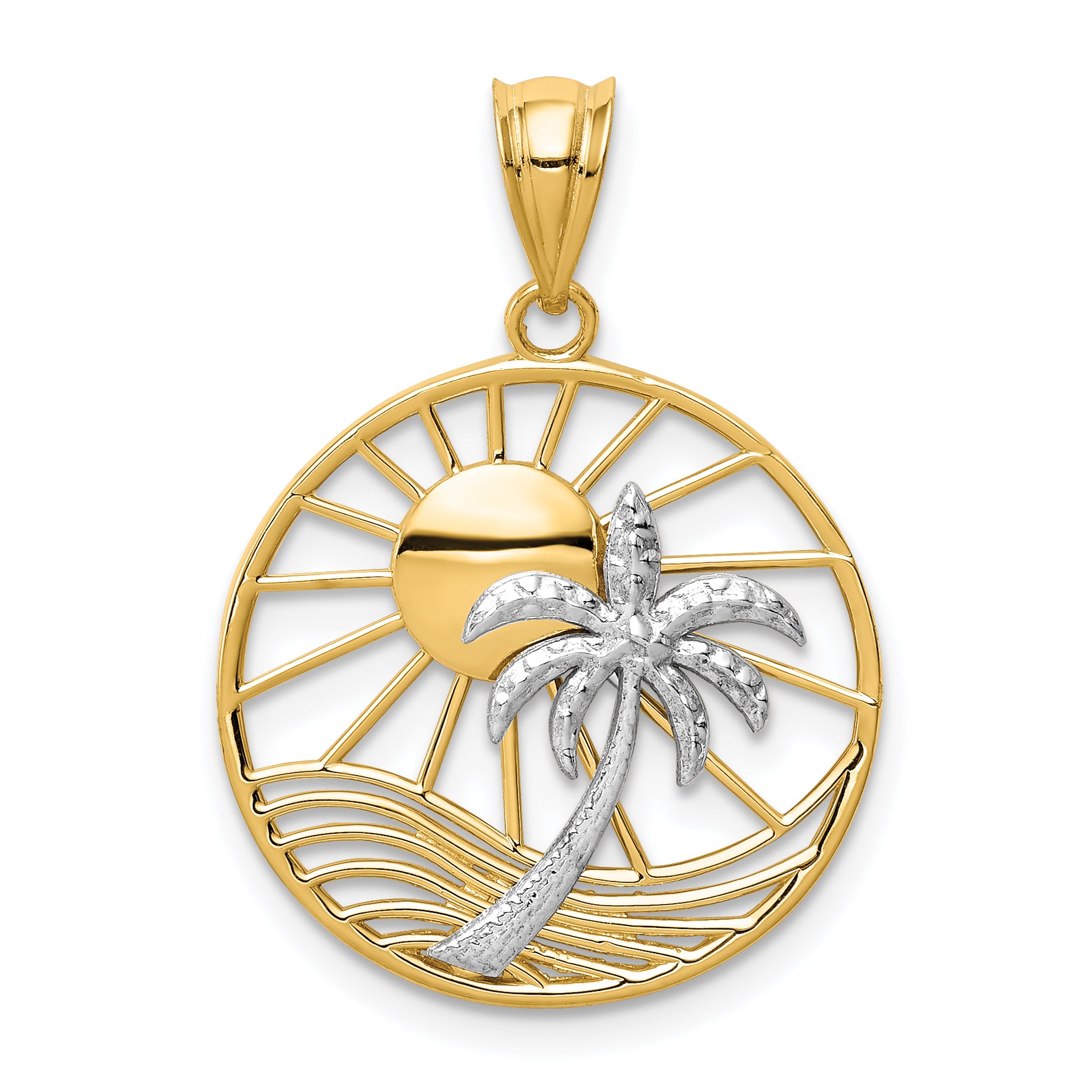 14K Two-tone Sun and Palm Tree Pendant Main image