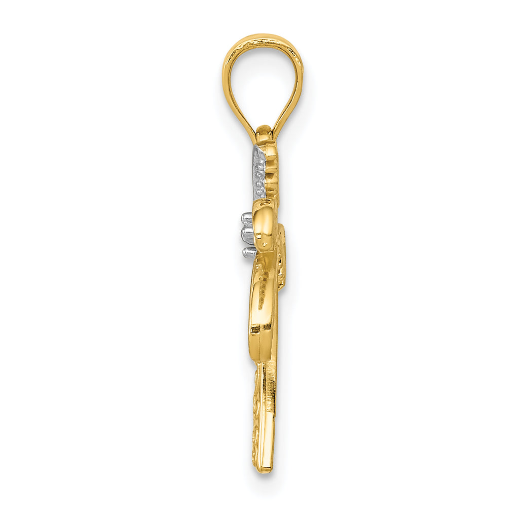 14K Gold Palm Tree Pendant with Rhodium Accents  Solid, Casted Design