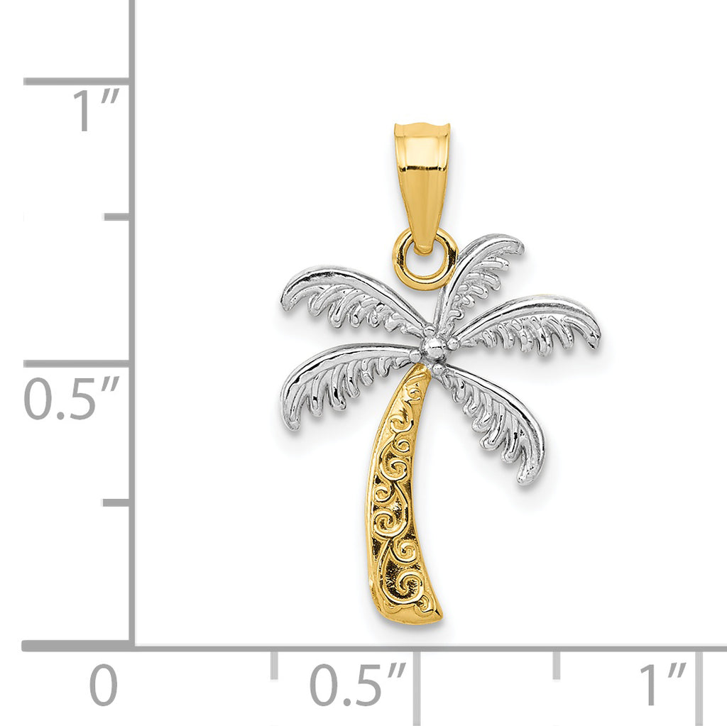 14K Gold Palm Tree Pendant with Rhodium Accents  Solid, Casted Design