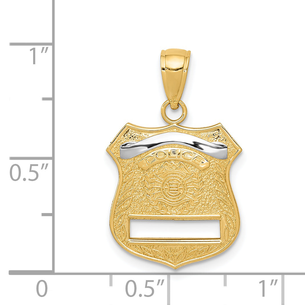 14K Gold Police Badge Pendant with Rhodium Accents  Polished Solid Design