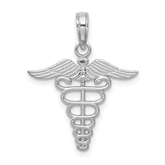 14K White Gold Caduceus Charm with Rhodium Finish, Solid and Casted Design