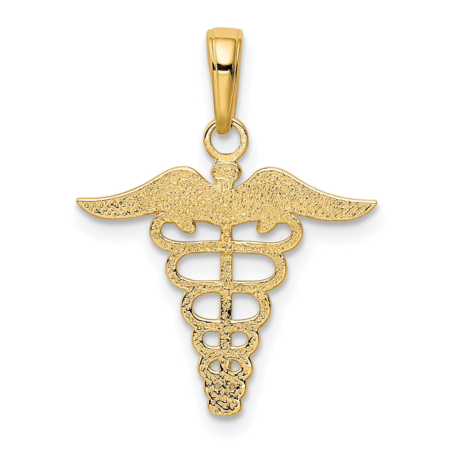 14K Gold Caduceus Charm with Polished Finish and Textured Back