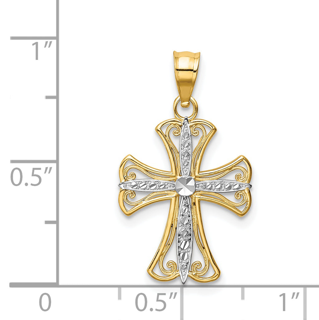 14K Gold Diamond-Cut Cross Pendant with Rhodium Accent  Elegant & Solid Design