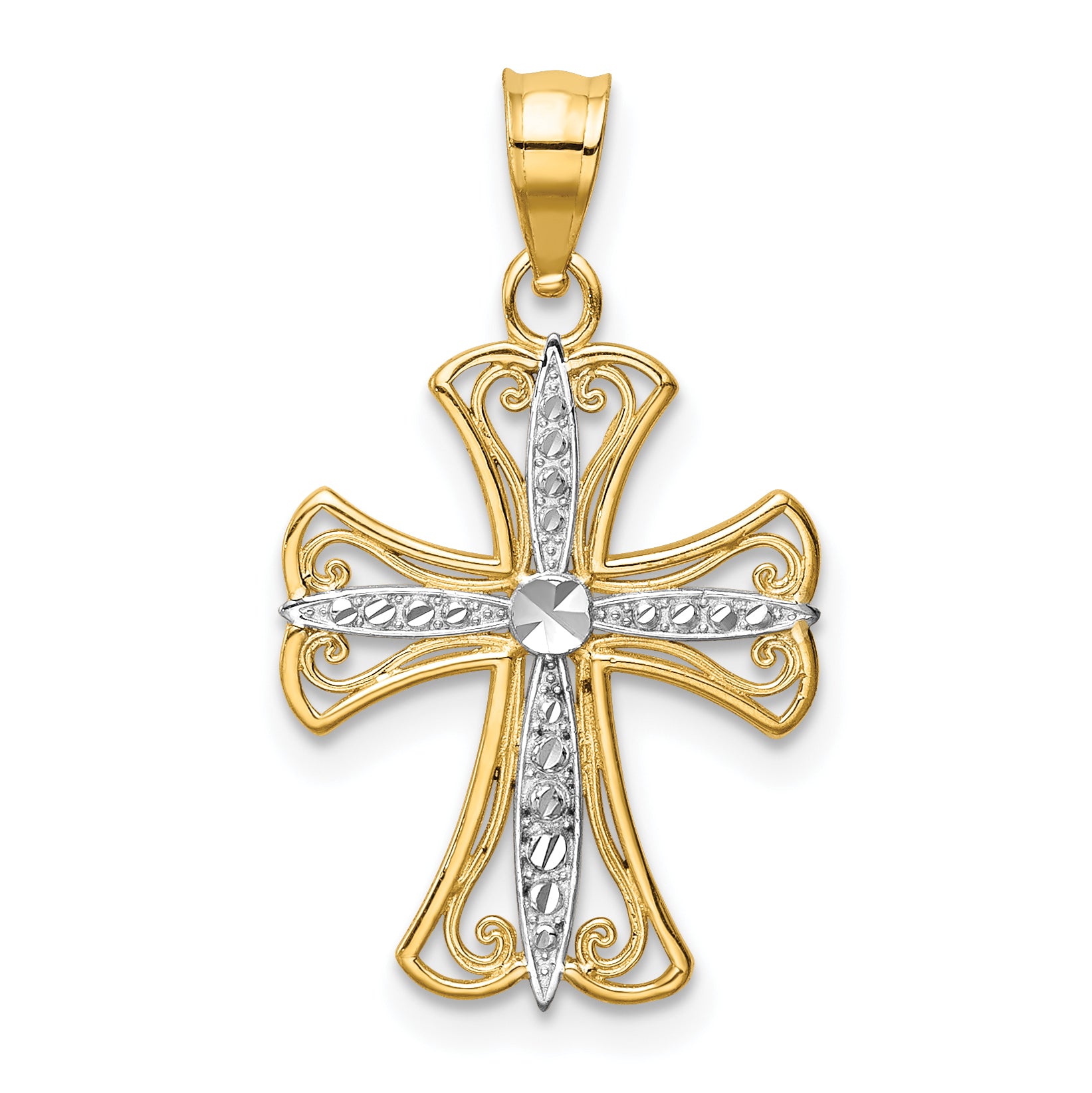 14k w/Rhodium Diamond-cut Cross Pendant Main image