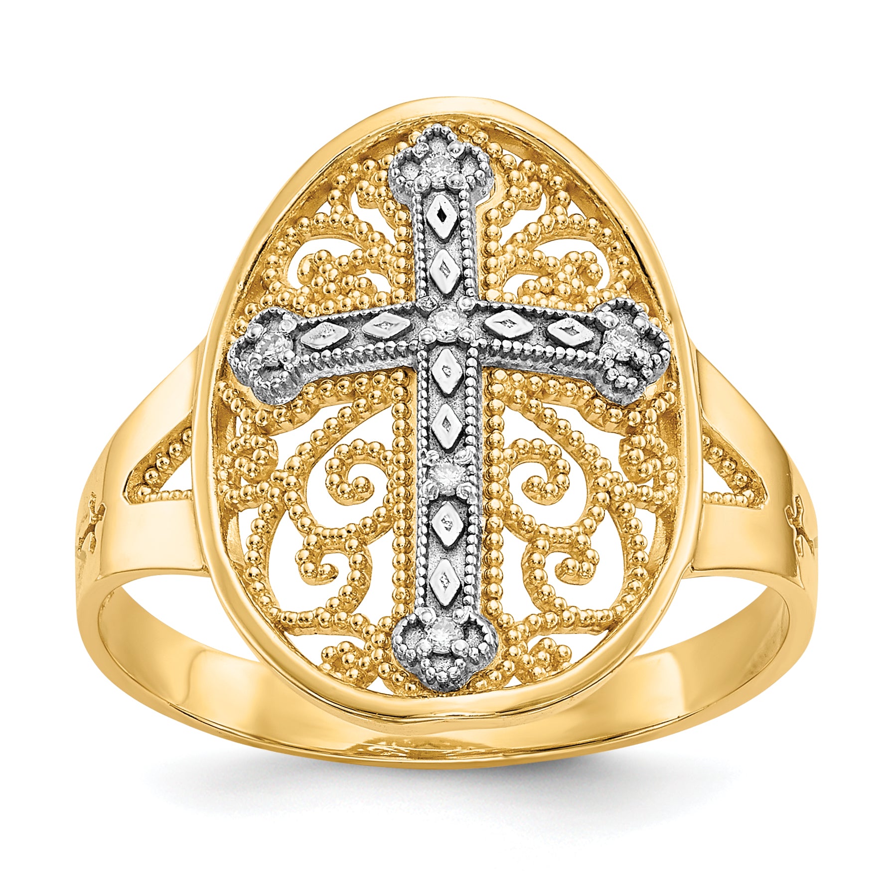 14k Yellow & White Gold Diamond Filigree Cross Ring Main image