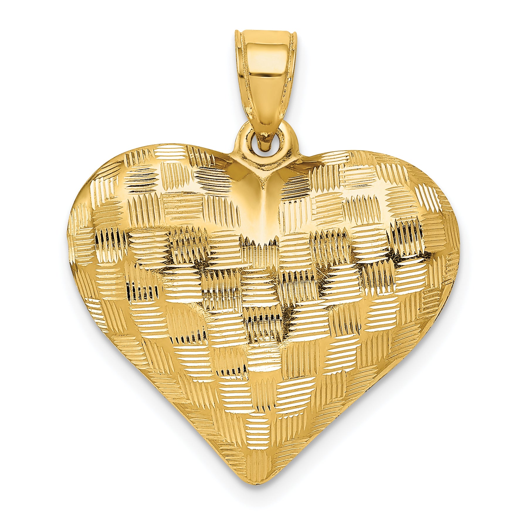 14K Gold Polished 3D Heart Pendant with Basket Weave Design