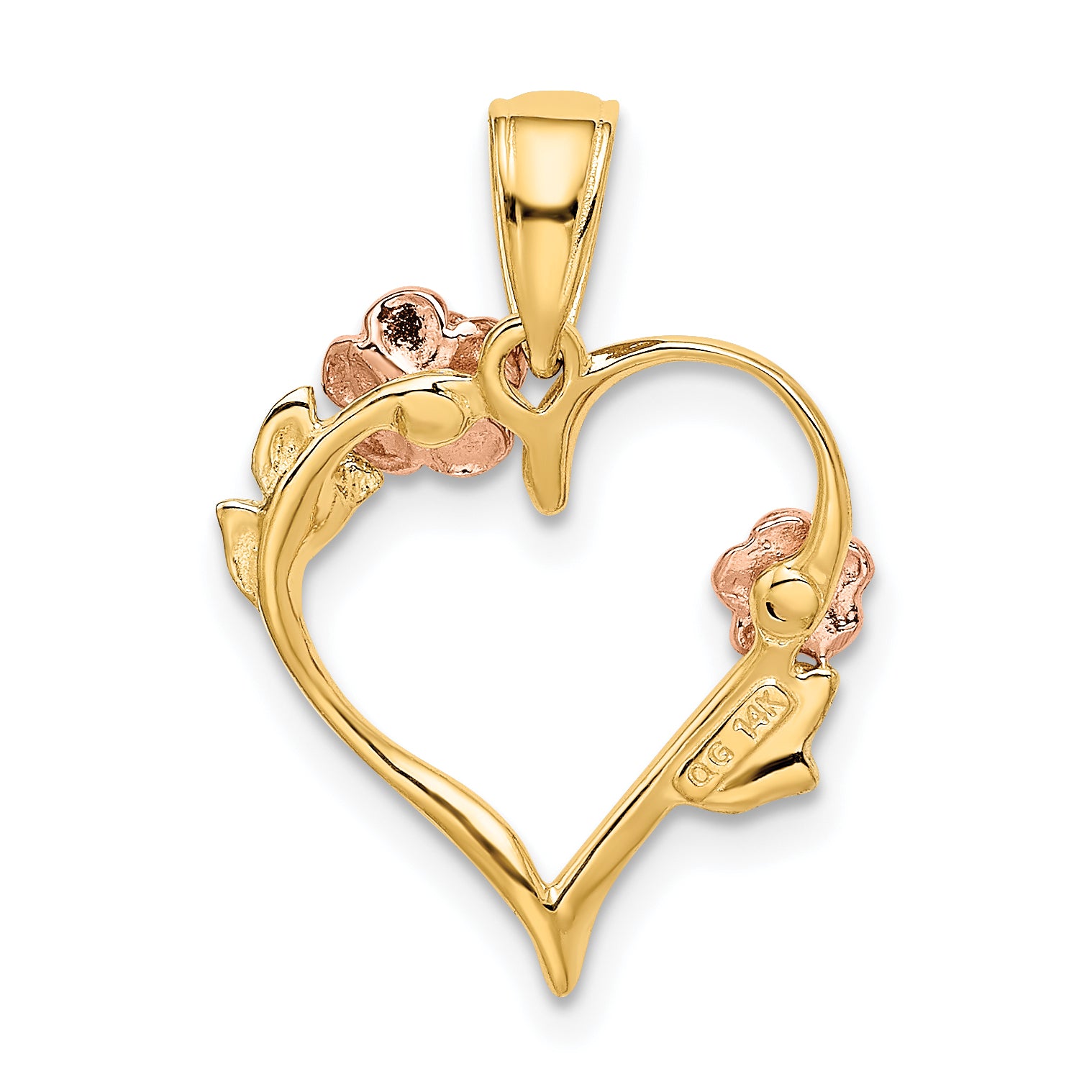 14K Two-Tone Gold Heart Pendant with Rhodium Flower Design