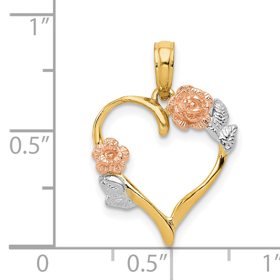 14K Two-Tone Gold Heart Pendant with Rhodium Flower Design