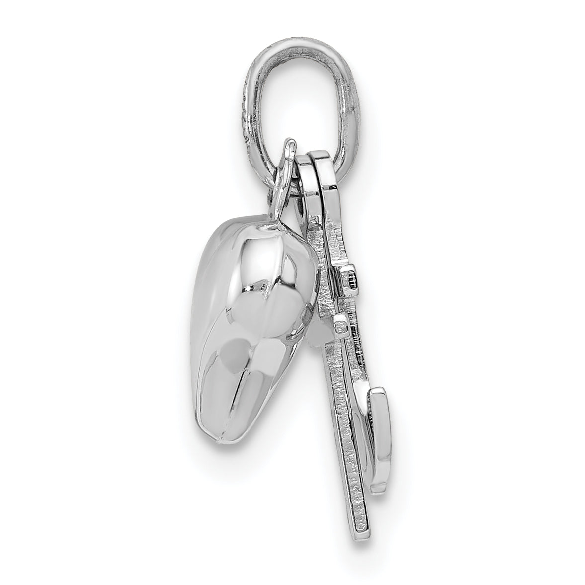 14K White Gold 3D Heart, Cross, and Anchor Pendant with Polished Rhodium Finish