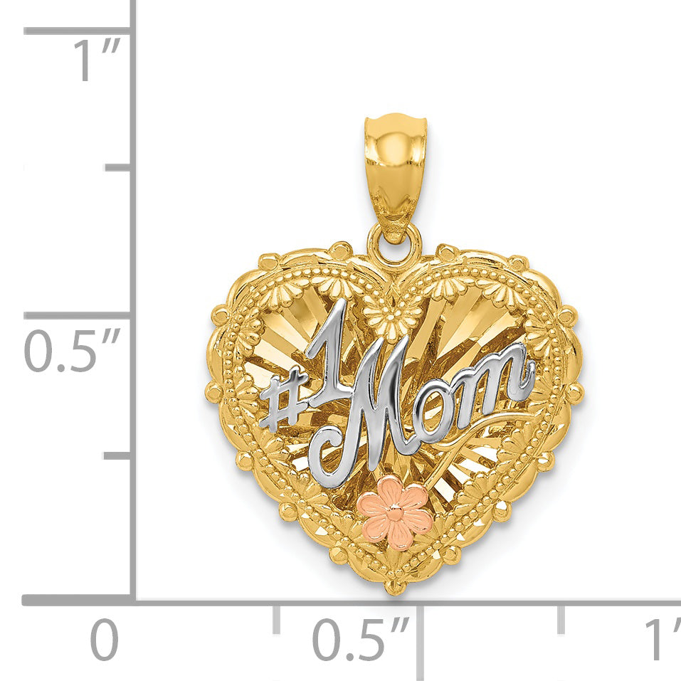 14K Tri-Color Gold #1 MOM Polished Shadowbox Pendant Elegant & Reversible