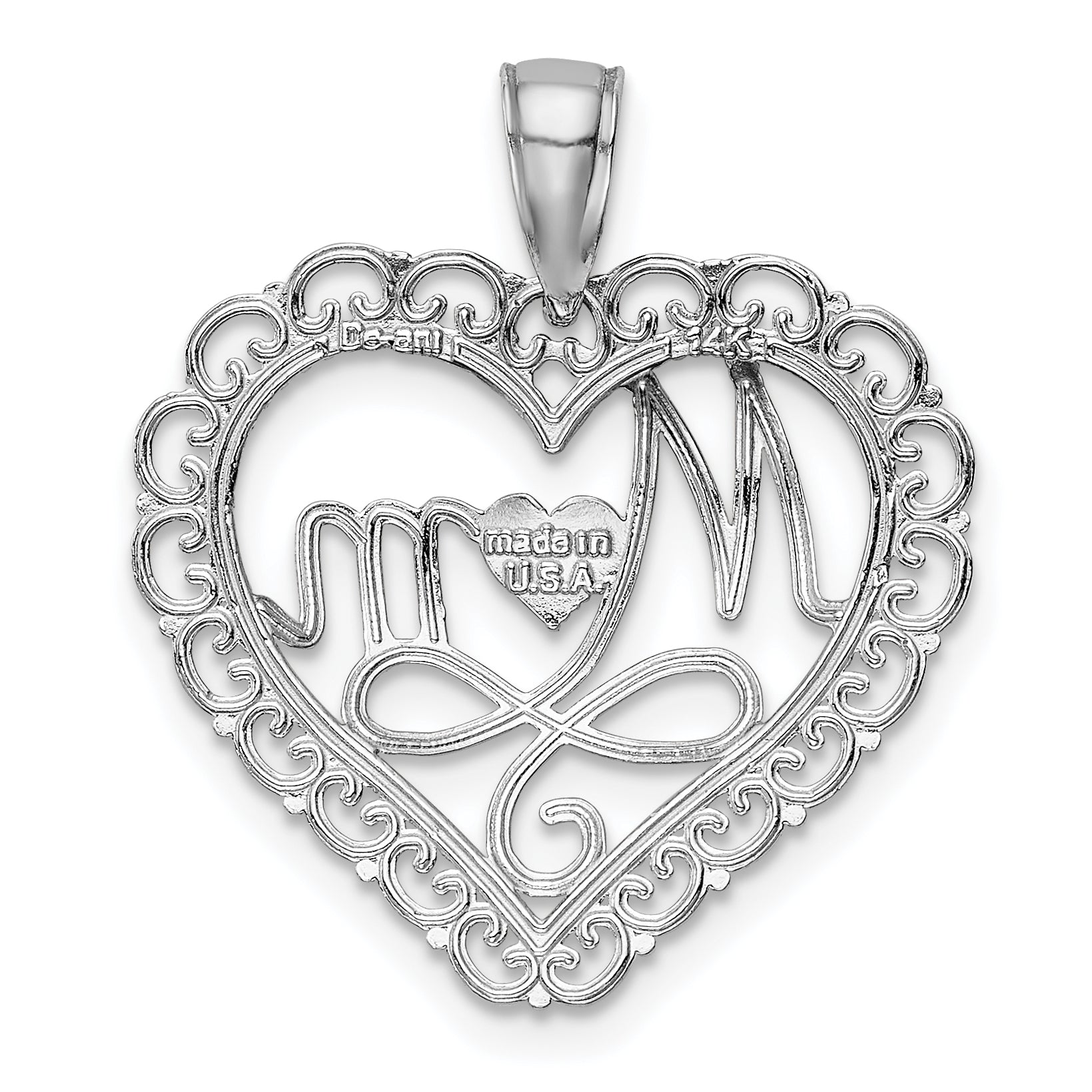 14K White Gold Polished Scallop Heart MOM Pendant  Elegant Gift