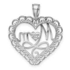 14K White Gold Polished Scallop Heart MOM Pendant  Elegant Gift