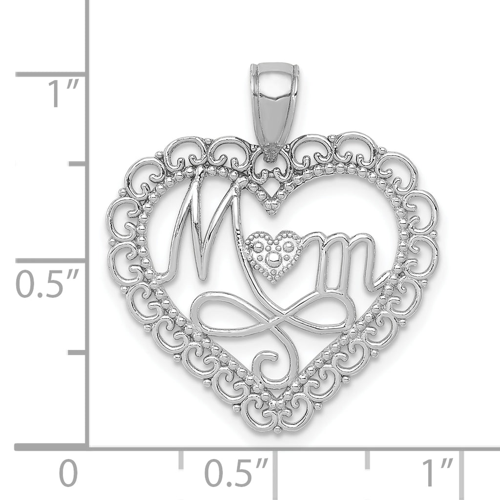 14K White Gold Polished Scallop Heart MOM Pendant  Elegant Gift