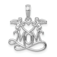 14K White Gold Polished Mom Below Two Angels Pendant