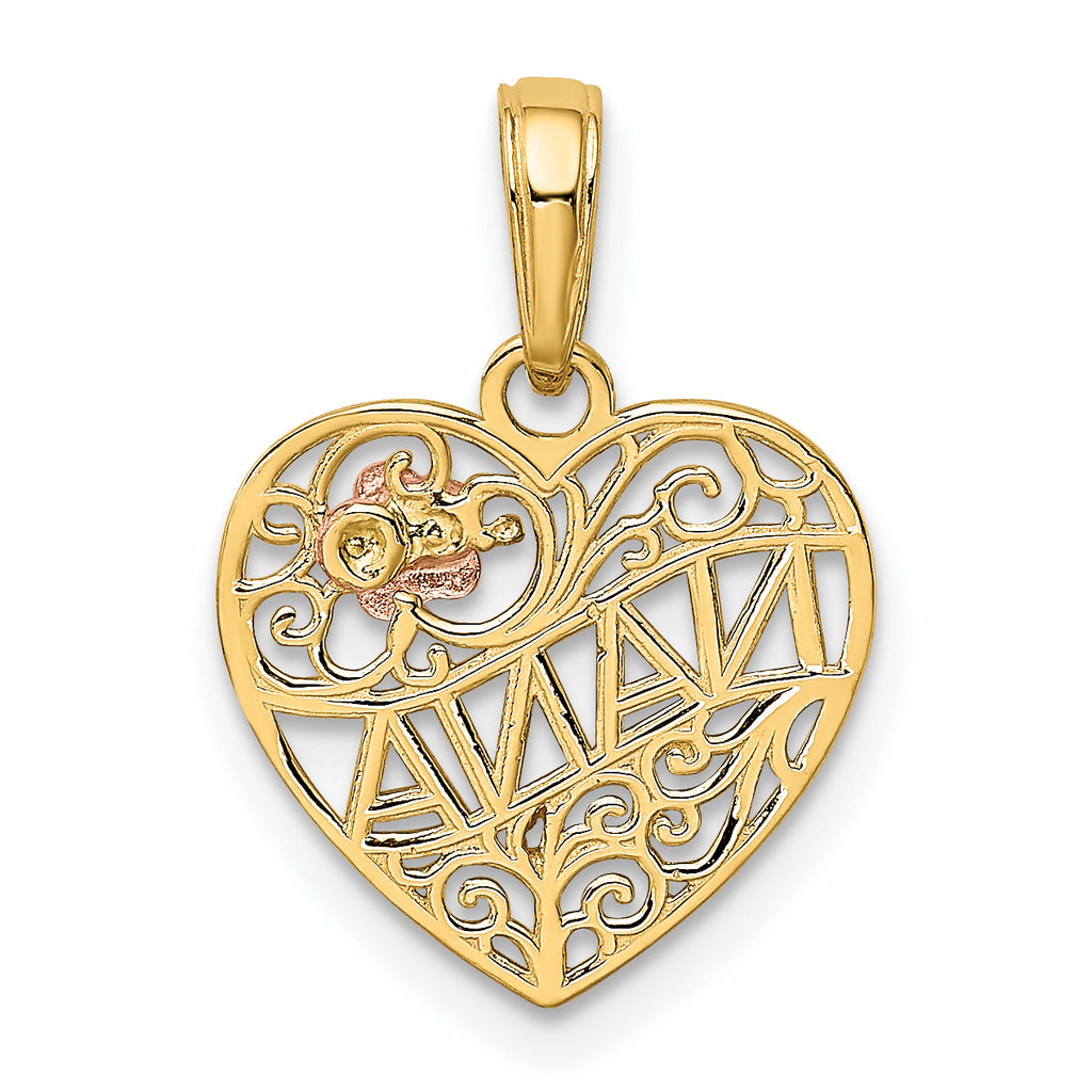 14K Two-Tone Gold Heart Pendant with Flower NANA Design