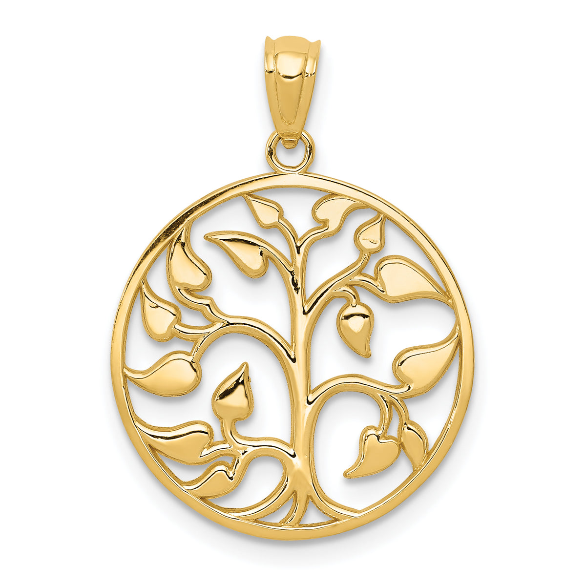 14K Gold Polished Cut-out Tree of Life Round Pendant
