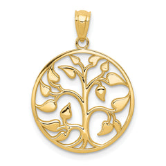 14K Gold Polished Cut-out Tree of Life Round Pendant