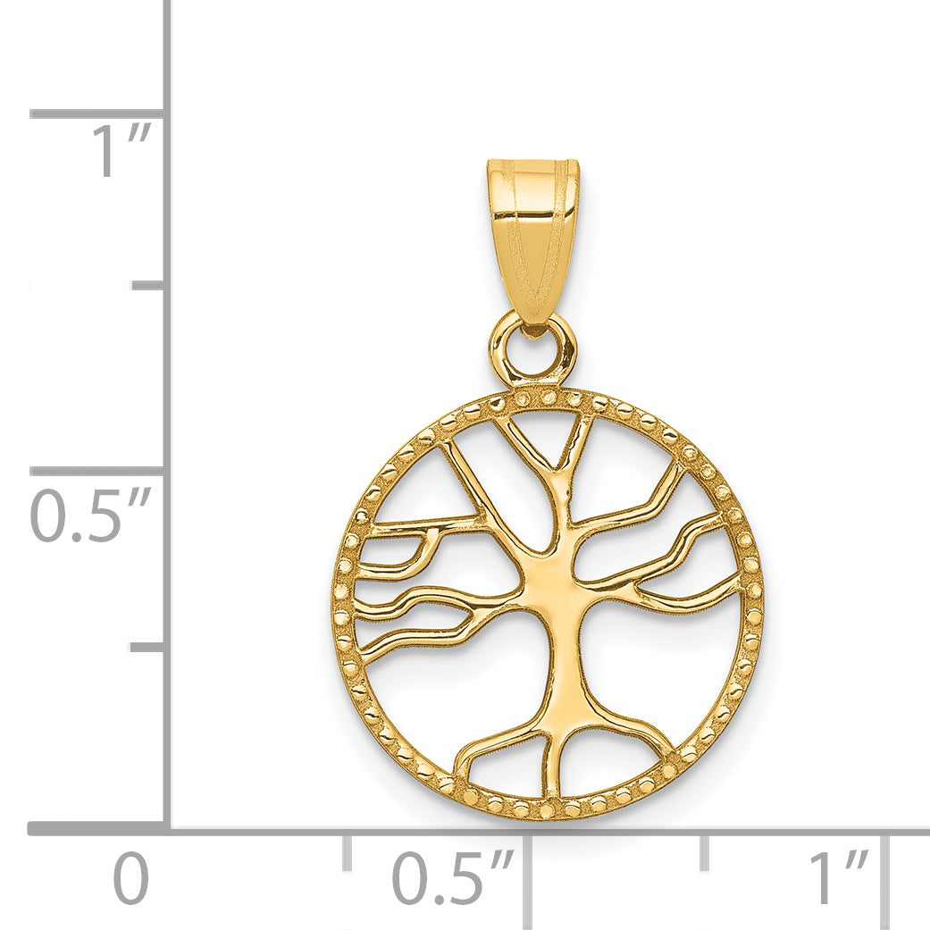 14K Gold Polished Small Tree of Life in Round Pendant