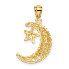 14k Gold Polished and Textured Moon and Stars Pendant