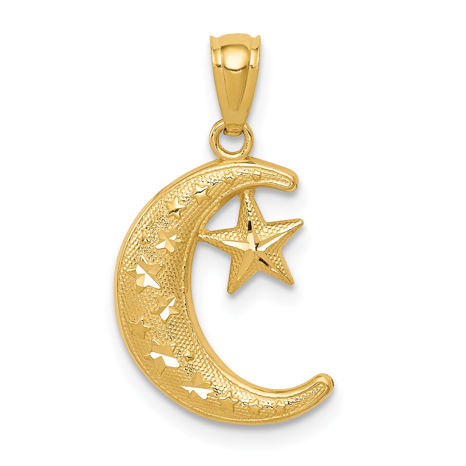 14k Gold Polished and Textured Moon and Stars Pendant Main image