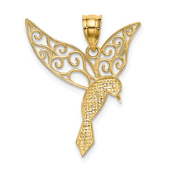 14K Gold Polished Hummingbird Pendant with Filigree Design