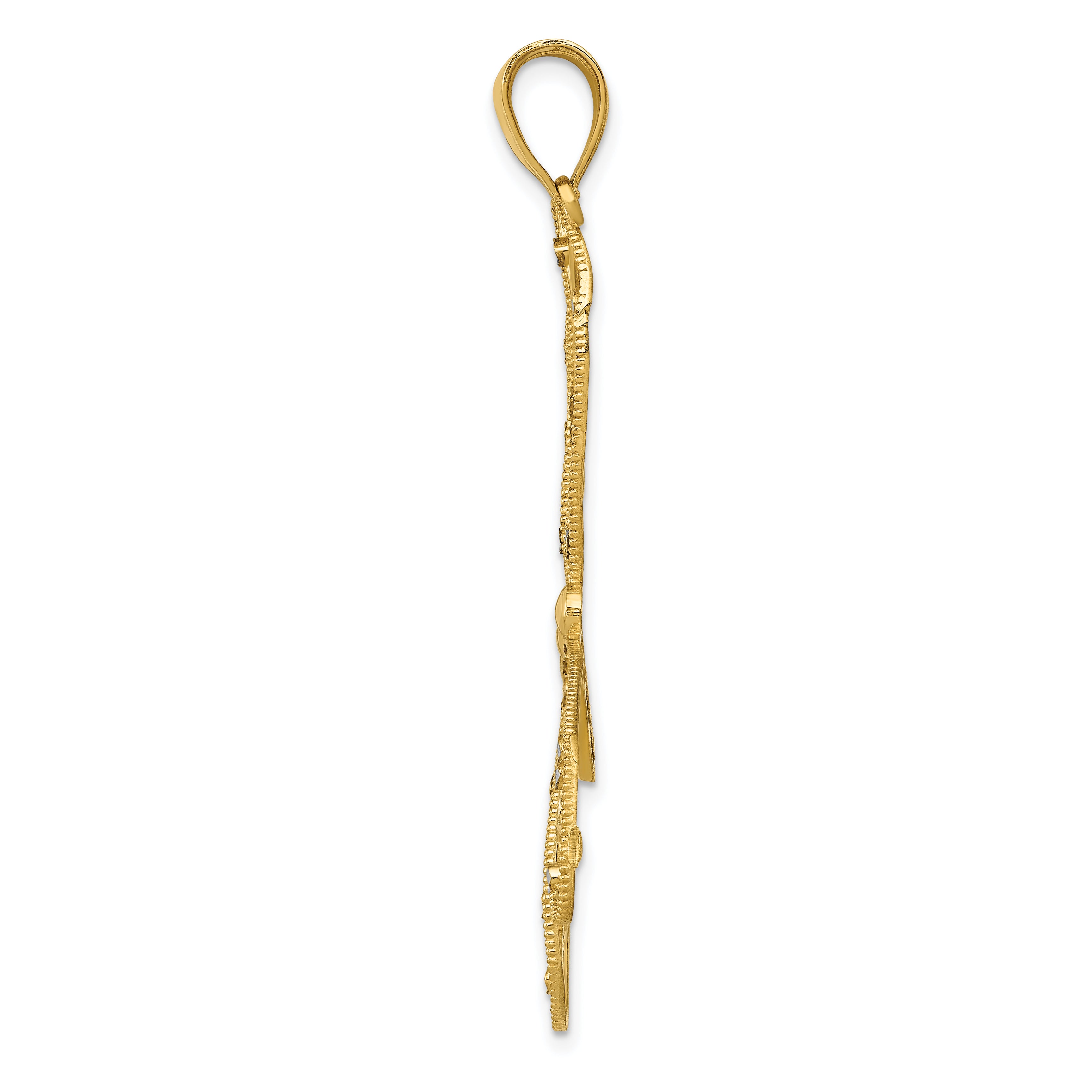 14K Gold and Rhodium Polished Dragonfly Pendant with Diamond-Cut Filigree