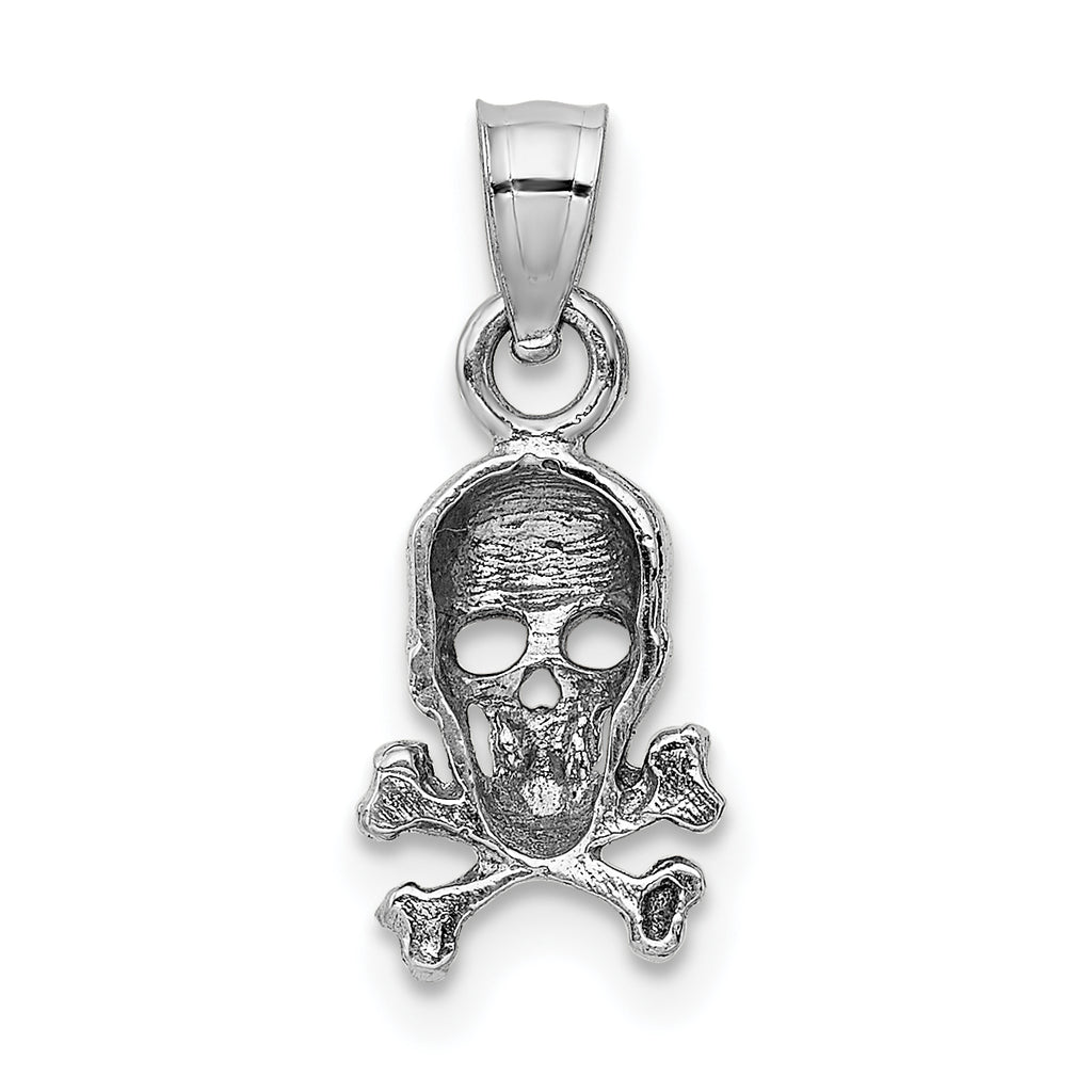 14K White Gold Skull and Crossbones Pendant with Rhodium Plating Solid Cast