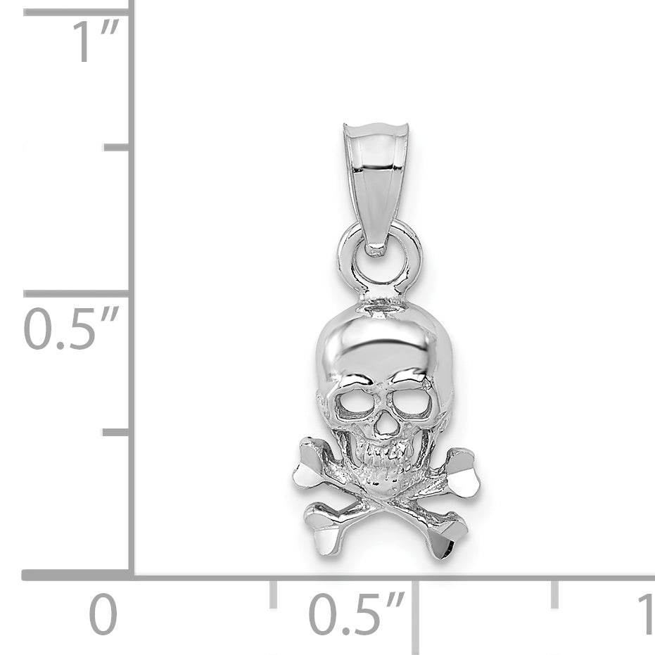 14K White Gold Skull and Crossbones Pendant with Rhodium Plating Solid Cast