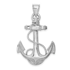 14K White Gold Polished & Textured Anchor w/ Rope Pendant