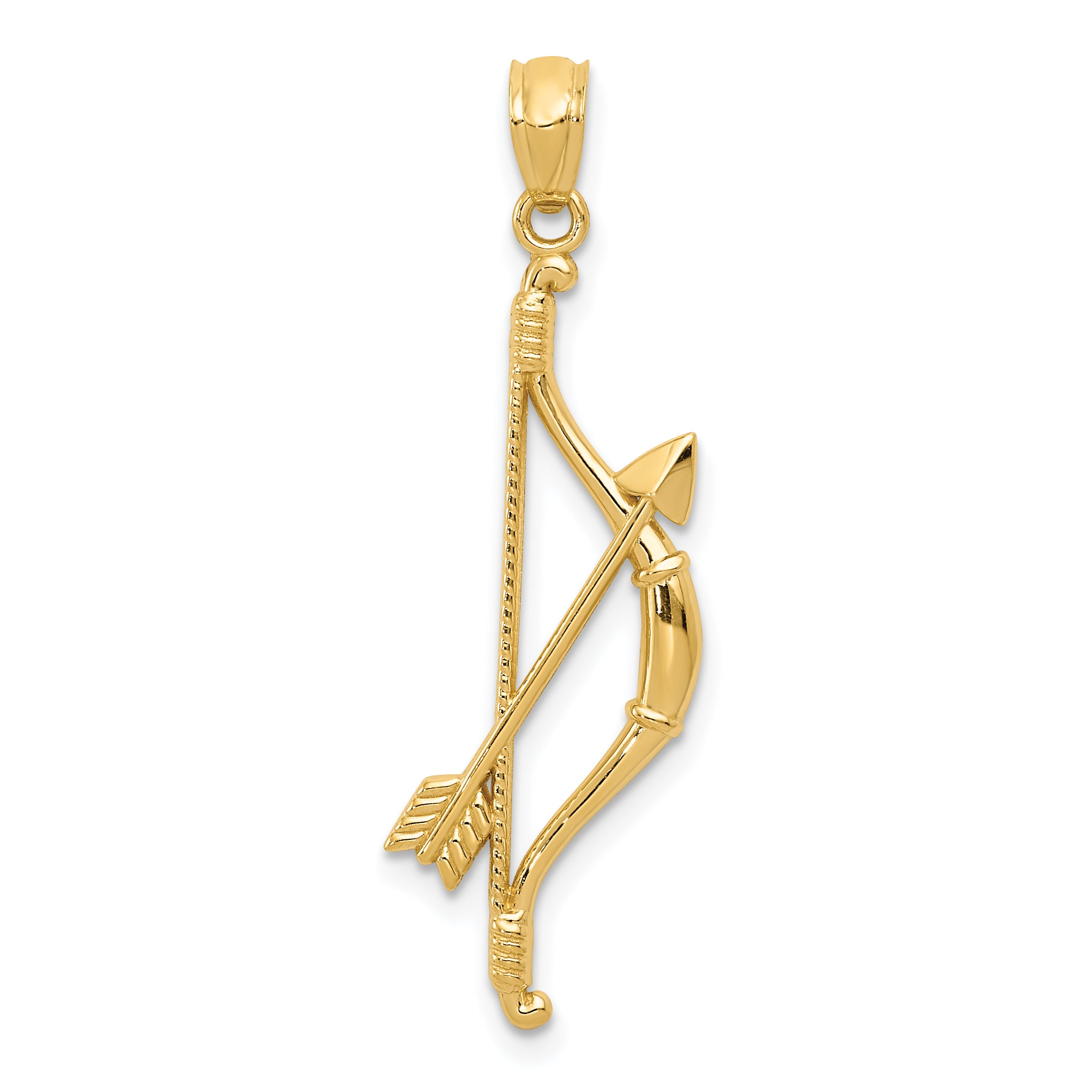 14k Gold Polished and Textured Bow and Arrow Pendant
