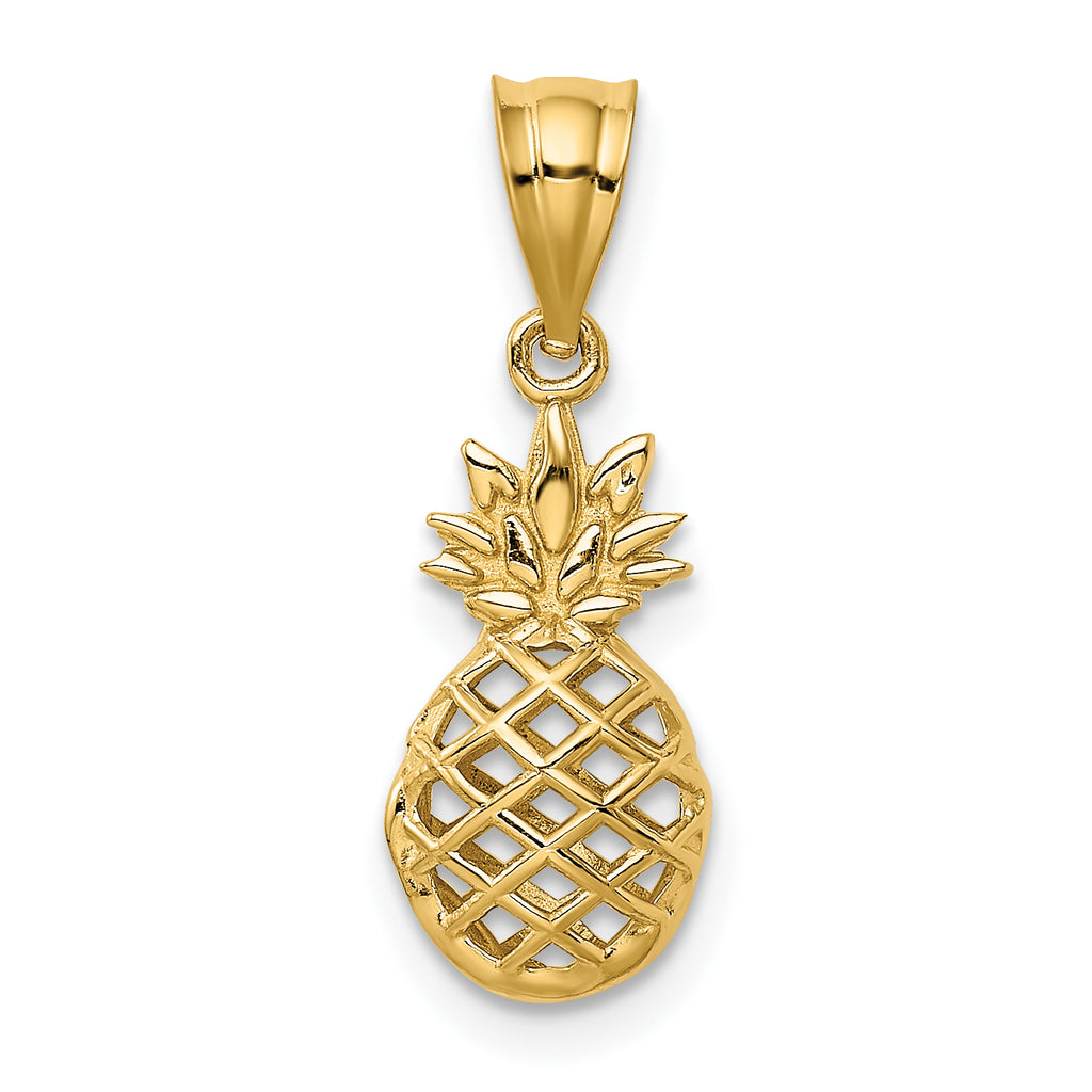 14K Gold Polished 3D Pineapple Pendant with Textured Design